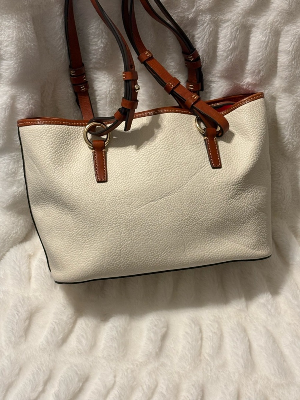 Dooney & Bourke Cream Tote with Brown Trim and Red Interior - Picture 3 of 8